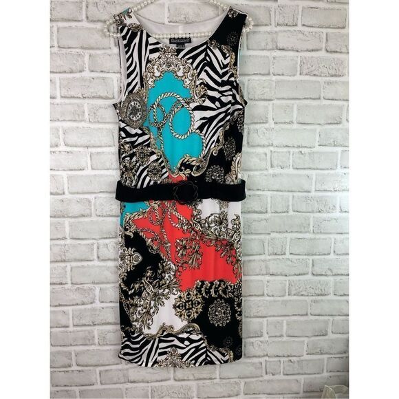 Fraklyman Women's Black Multi Colored Abstract Spiral Belt Mini Dress Size 10 - Picture 7 of 9